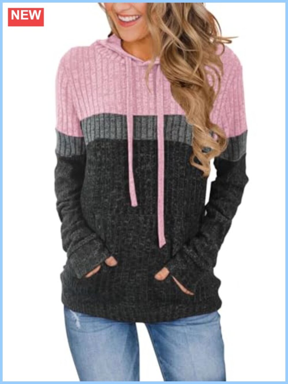 Women's Color Block Knit Hoodie Pullover Sweater with Pocket